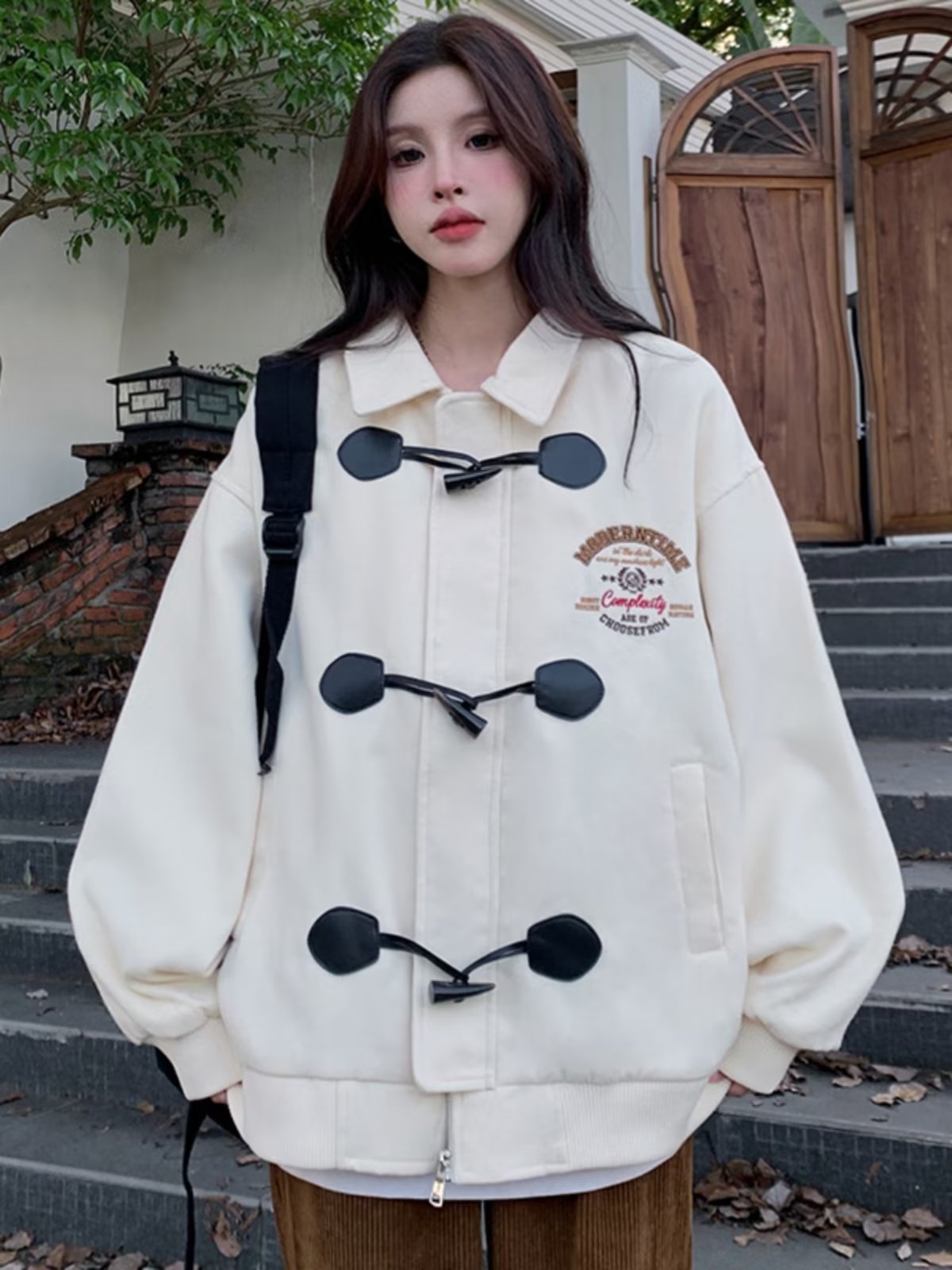 Horn Button Woolen Jacket Women's High-Quality Top Street Retro Casual Baseball Uniform Spring and Autumn Girls