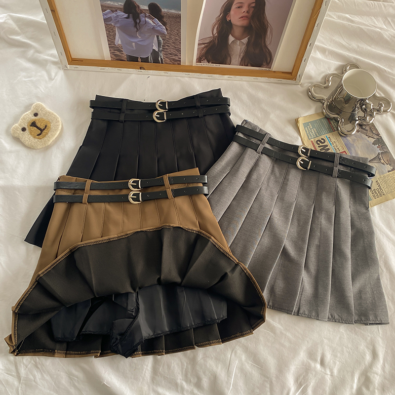 Real shot of American girl’s double belt design, high waist, slimming, versatile A-line skirt, anti-exposure pleated skirt, trendy