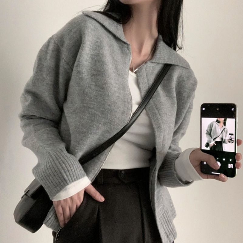 Korean chic simple and high-end Polo collar double zipper sweater cardigan for women, lazy style, versatile warm jacket