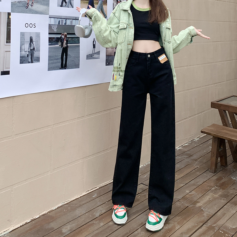實拍~高腰顯瘦新款黑色闊腿牛仔褲女2023秋季寬鬆休閒直筒褲