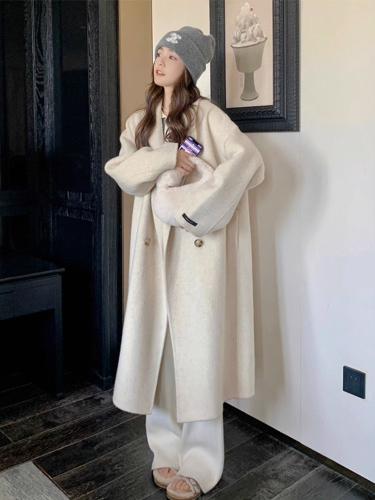 Oatmeal color double-sided cashmere woolen coat for women autumn and winter  new Korean style over-the-knee woolen coat