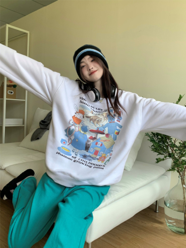 Official picture of autumn and winter American style loose pullover cartoon long-sleeved retro style cute rabbit all over printed right shoulder sweatshirt for women