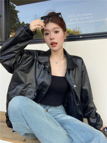 Actual shot of retro loose Korean style lapel motorcycle suit pilot leather jacket trendy jacket