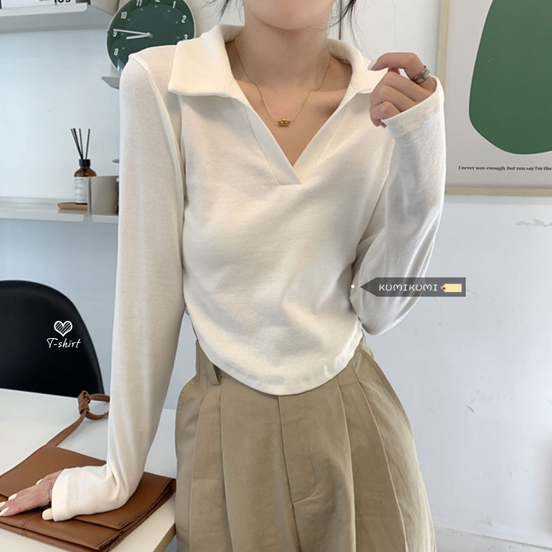Versatile slim fit POLO collar bottoming shirt top autumn solid color short irregular long-sleeved T-shirt for women