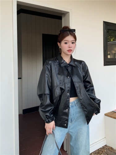 Actual shot of retro loose Korean style lapel motorcycle suit pilot leather jacket trendy jacket