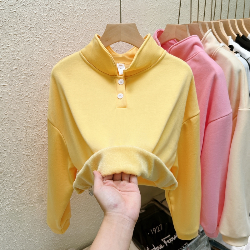 一體絨 加絨加厚毛茸茸短款衛衣女polo領秋冬裝