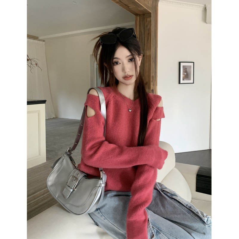 設計感慵懶風小眾破洞設計感減齡針織衫寬鬆百搭長袖毛衣上衣女