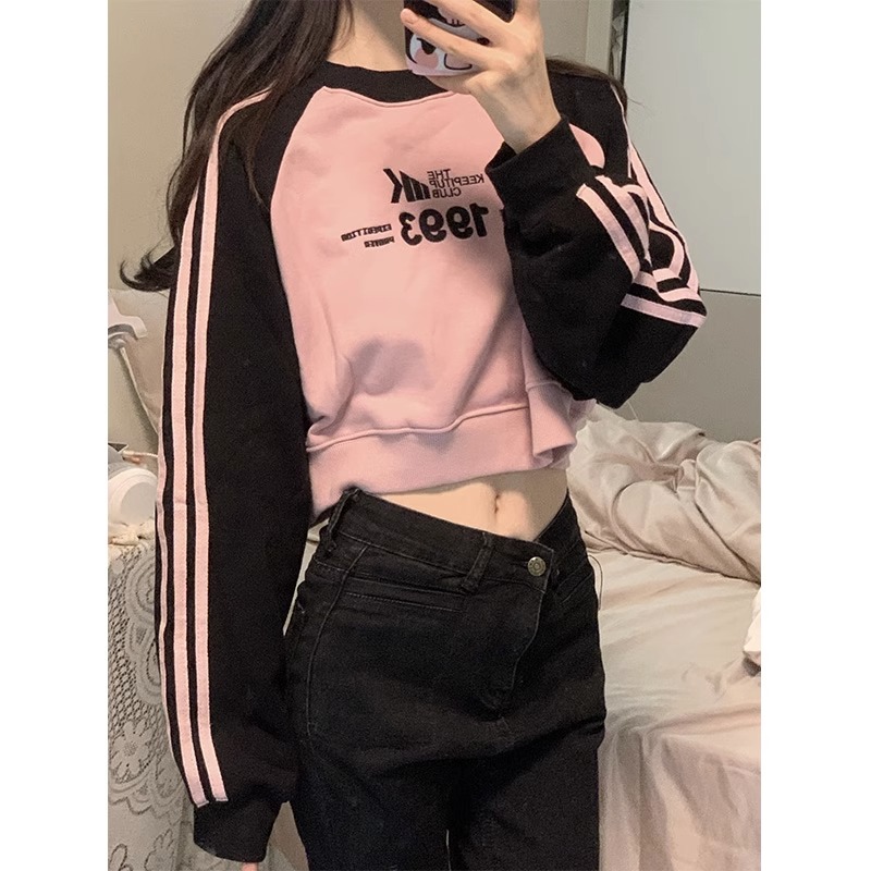 設計感三槓條紋圓領長袖衛衣女寬鬆薄款2023春秋美式潮牌無帽外套