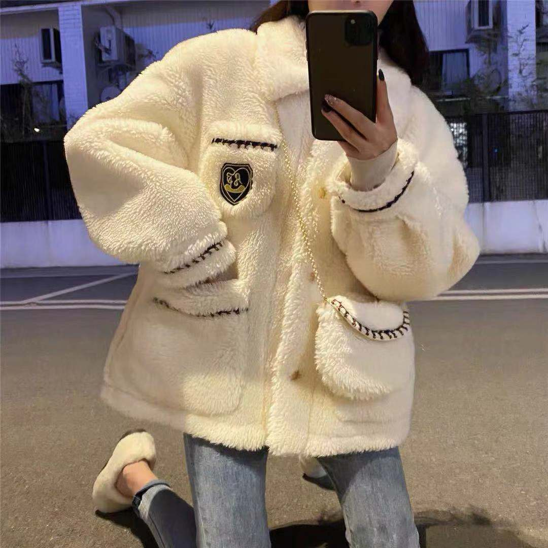 300-送包包仿羊羔毛外套女冬季學院風衛衣加厚寬鬆棉衣棉服