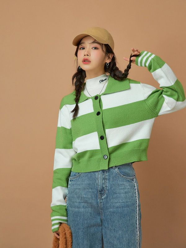 College Style Polo Collar Striped Knitted Jacket Women's Autumn and Winter Fashionable Versatile Bottoming Cardigan Trendy
