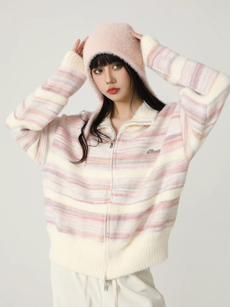多巴胺彩虹色條紋毛衣女秋冬2023新款慵懶風軟糯立領針織開衫外套