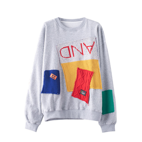 Actual shot of 75 polyester/25 cotton Korean style loose mid-length color-blocked round neck thin sweatshirt for women