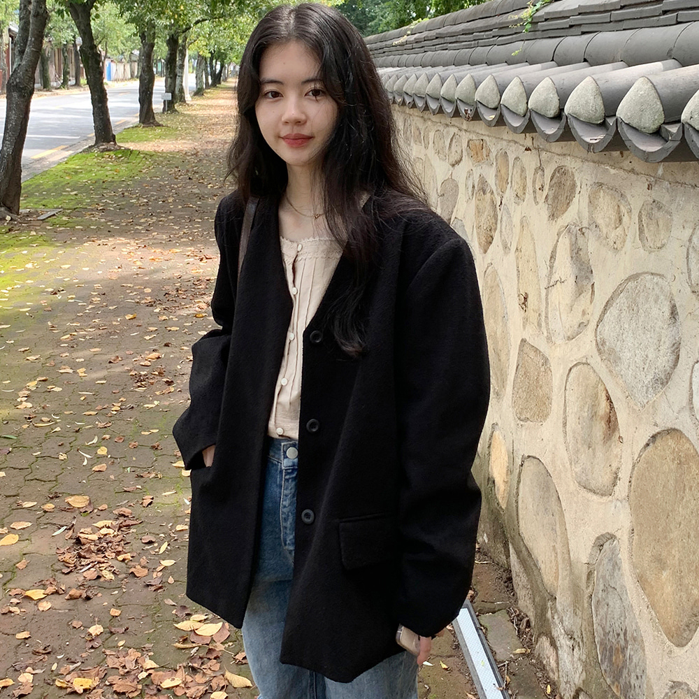 復古純色簡潔氣質V領毛呢外套無領百搭西裝