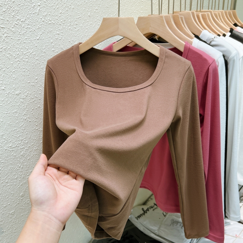 Actual shot of ammonia velvet square collar autumn and winter bottoming shirt long-sleeved T-shirt brushed