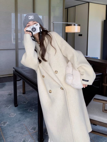 Oatmeal color double-sided cashmere woolen coat for women autumn and winter  new Korean style over-the-knee woolen coat