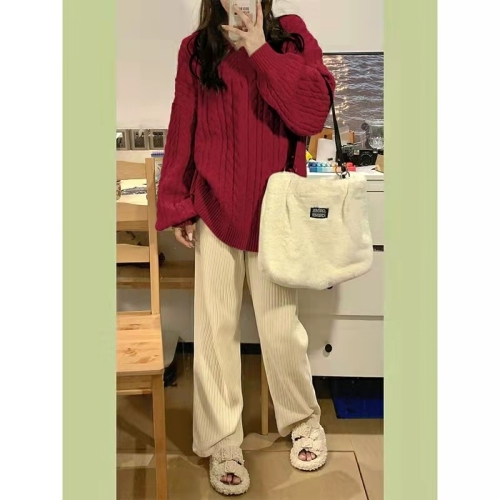 Lazy style twist V-neck pullover sweater for women  autumn and winter new loose soft waxy sweater long-sleeved top thick