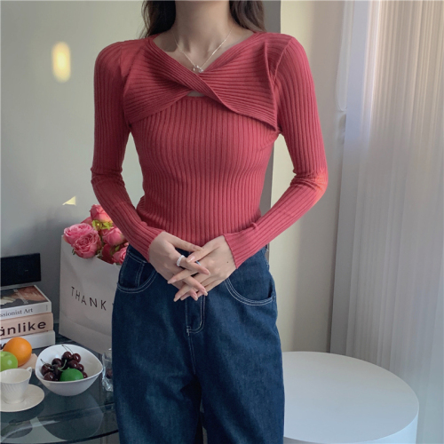 Real shot core-spun yarn cross knitted sweater for women fashionable buttoned long-sleeved top bottoming sweater