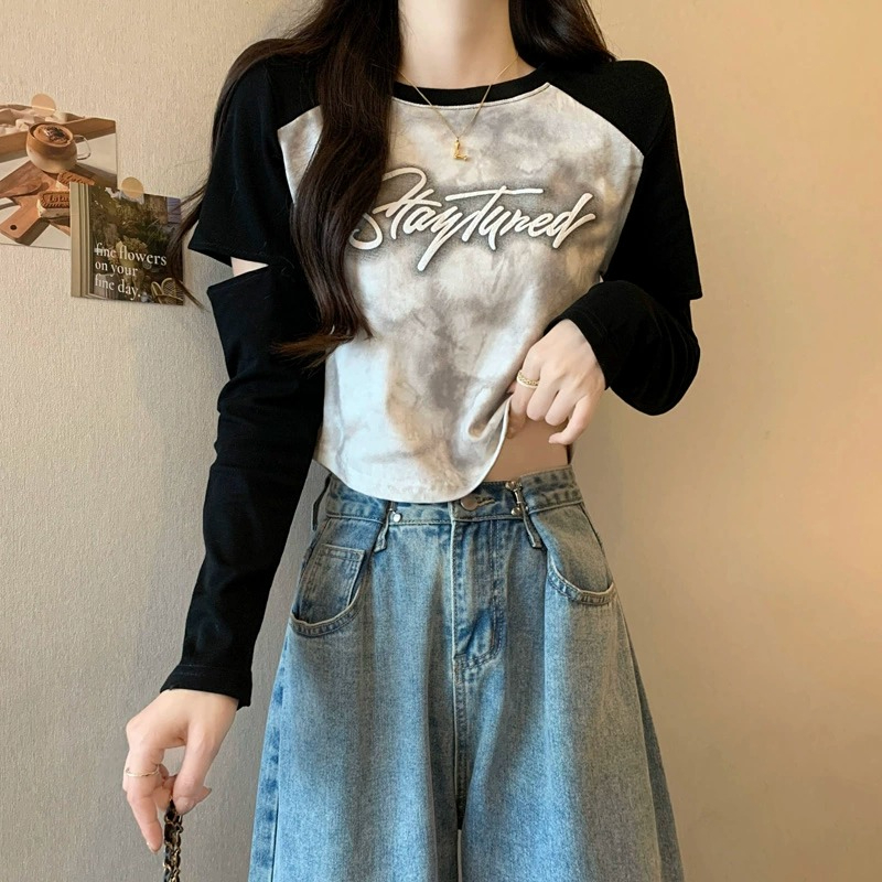 Plus size hot girl slimming long-sleeved T-shirt women 2023 new autumn fat MM cut hollow design right shoulder top