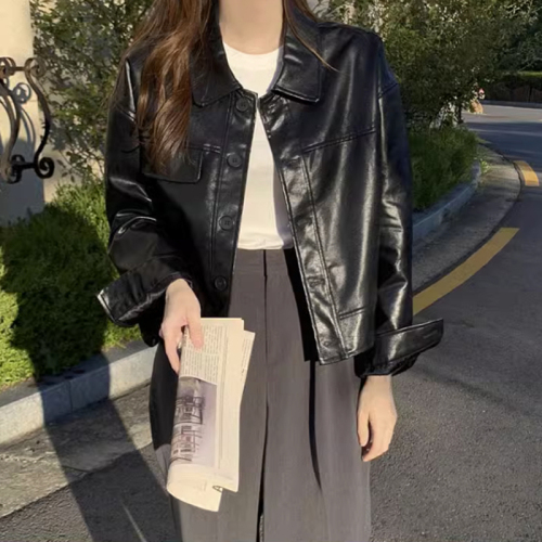 Korean chic autumn niche handsome lapel single-breasted loose casual long-sleeved motorcycle wear leather jacket short jacket for women