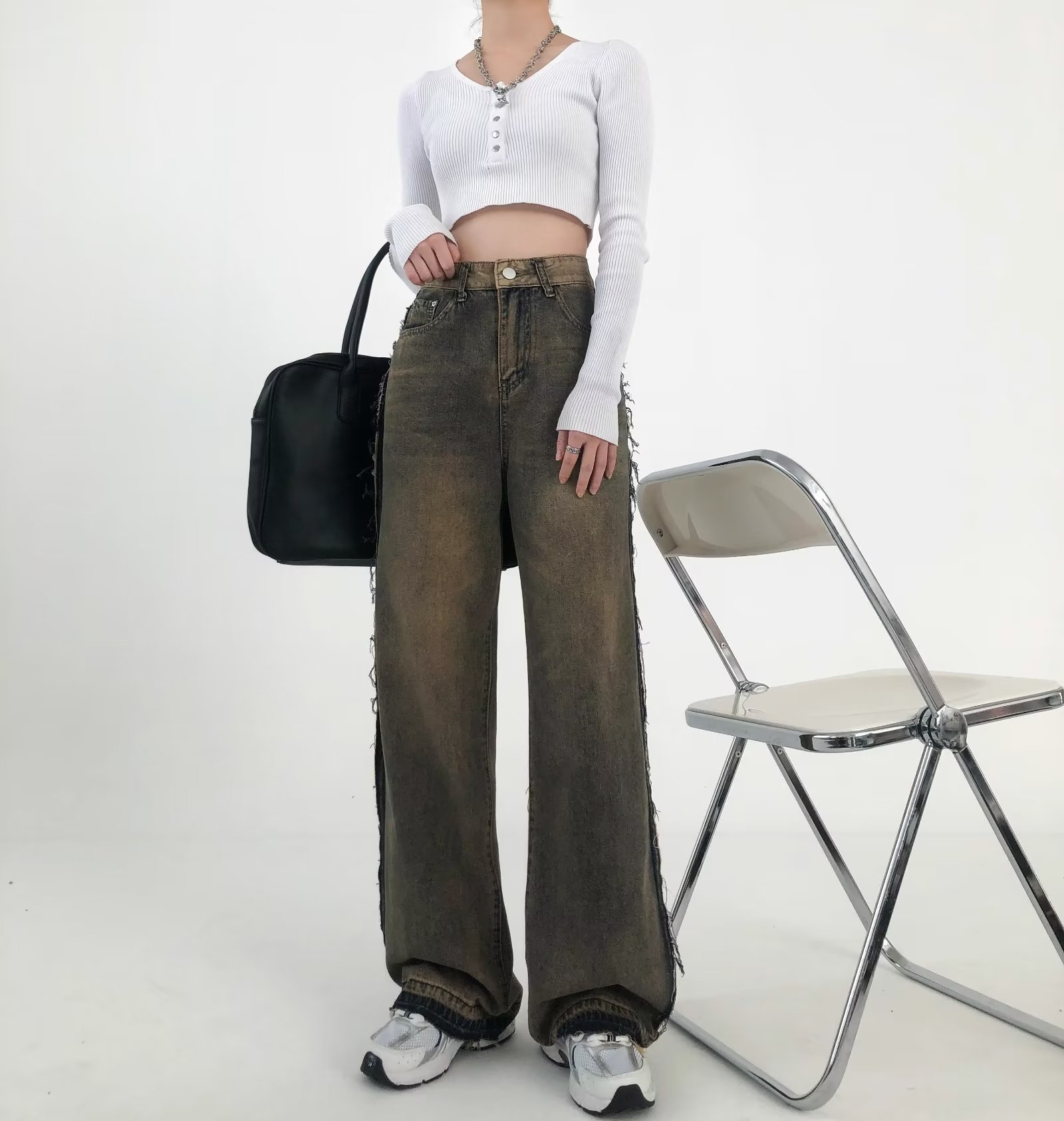 復古水泥色闊腿牛仔褲女2023秋季新款高腰顯瘦寬鬆垂感拖地直筒褲