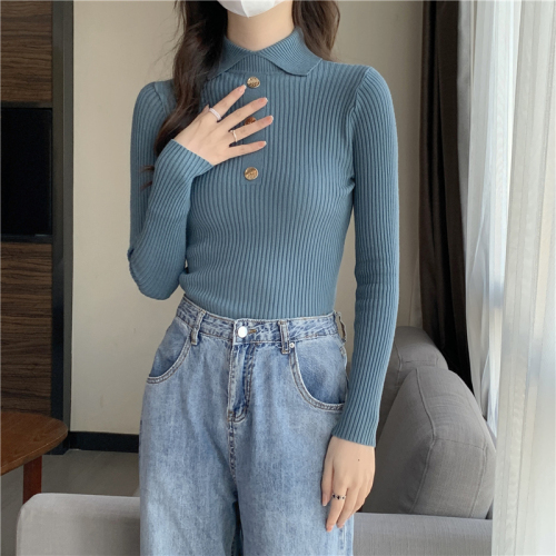 Real shot of core-spun yarn, half-turtleneck sweater for women, fashionable western-style button long-sleeved top, bottoming sweater