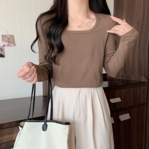 Actual shot of ammonia velvet brushed long-sleeved T-shirt for women with square collar, collarbone, high waist, short bottoming shirt