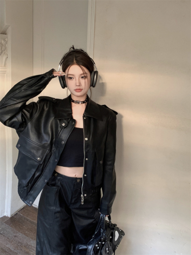 Sweet cool hot girl style lapel long-sleeved leather jacket for women  spring and autumn temperament pu leather motorcycle jacket top