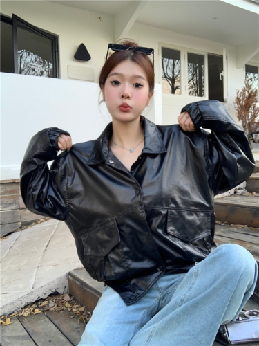 Actual shot of retro loose Korean style lapel motorcycle suit pilot leather jacket trendy jacket