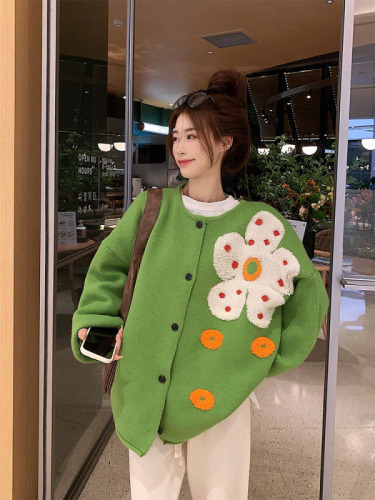 Actual shot of autumn and winter niche retro sunflower knitted cardigan warm sweater