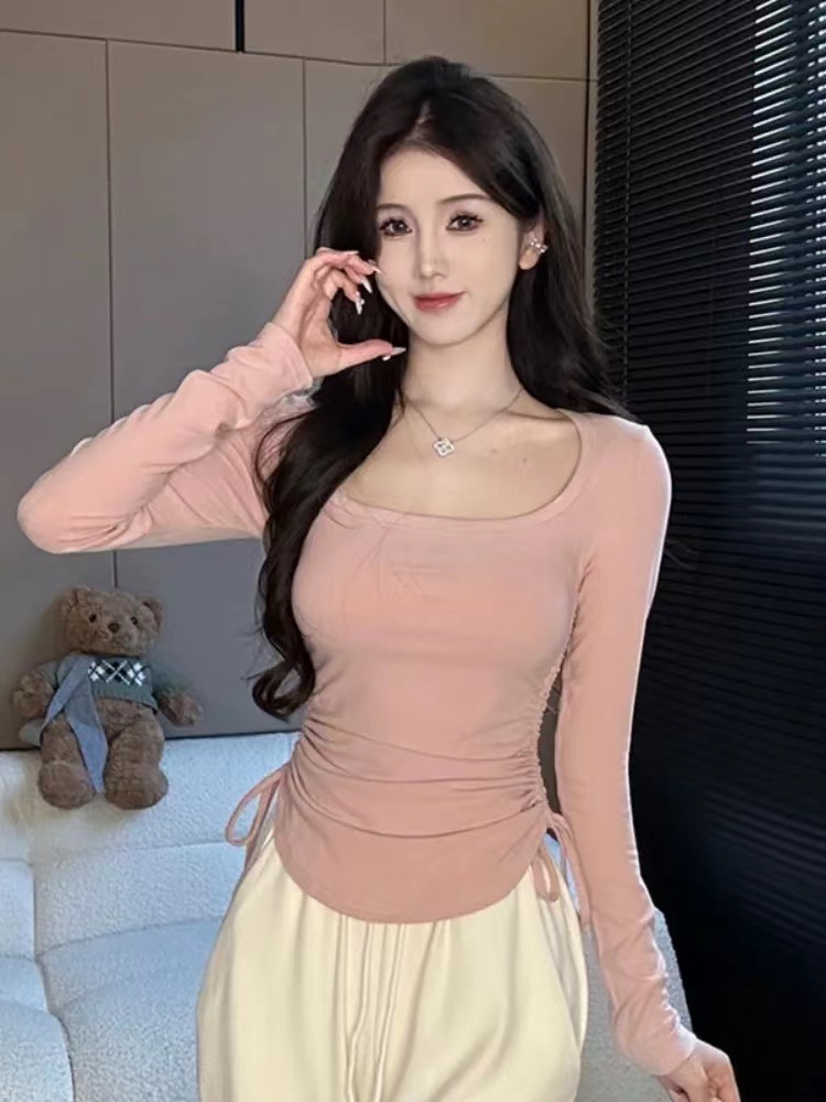 設計感純欲褶皺收腰t恤女秋季新款粉色甜美打底衫修身長袖上衣