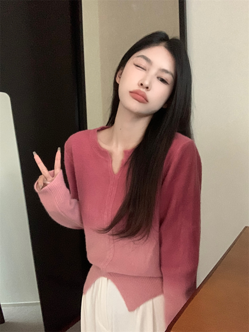實拍 粉色漸變V領長袖毛衣不規則內搭針織衫短款上衣
