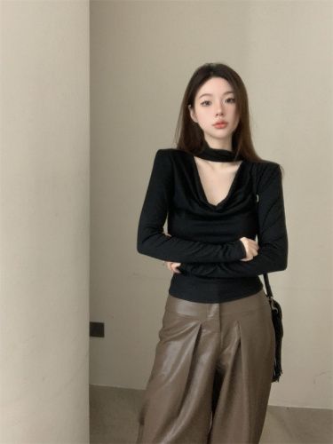 Actual shot of Gentle and Pure Desire Swing Collar Hollow Design Long Sleeve T-shirt Women's Autumn and Winter Korean Style Inner and Outer Top