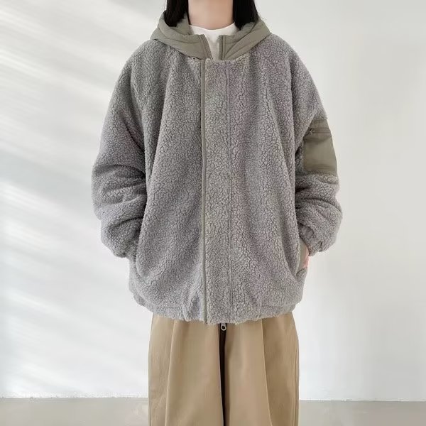 Japanese retro lamb velvet hooded cotton coat, women's trendy brand loose winter couple's cotton coat and jacket