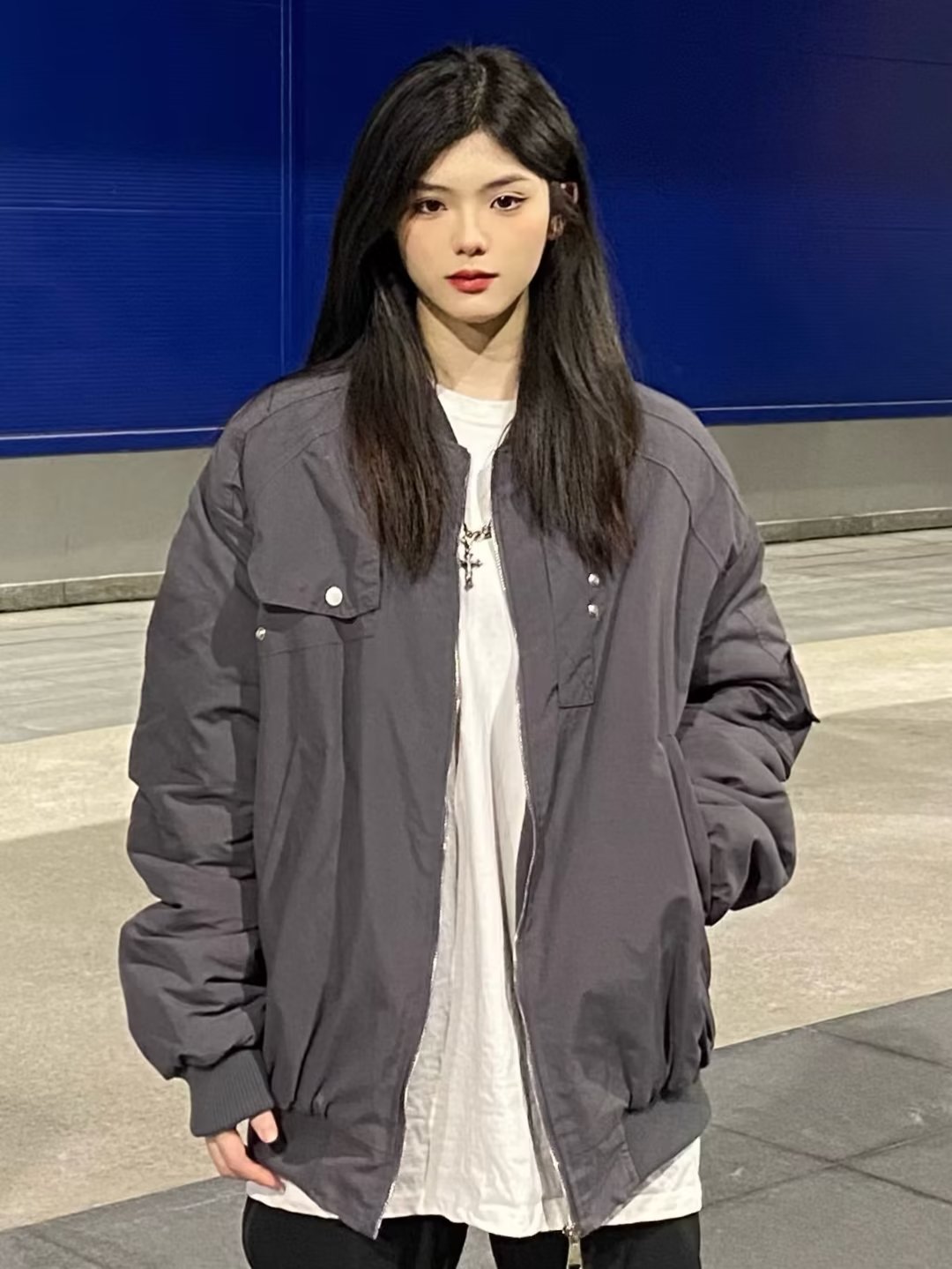 美式復古街頭純色多口袋拉鏈飛行員夾克寬鬆休閒百搭情侶男女外套