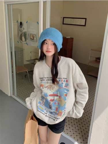 Official picture of autumn and winter American style loose pullover cartoon long-sleeved retro style cute rabbit all over printed right shoulder sweatshirt for women