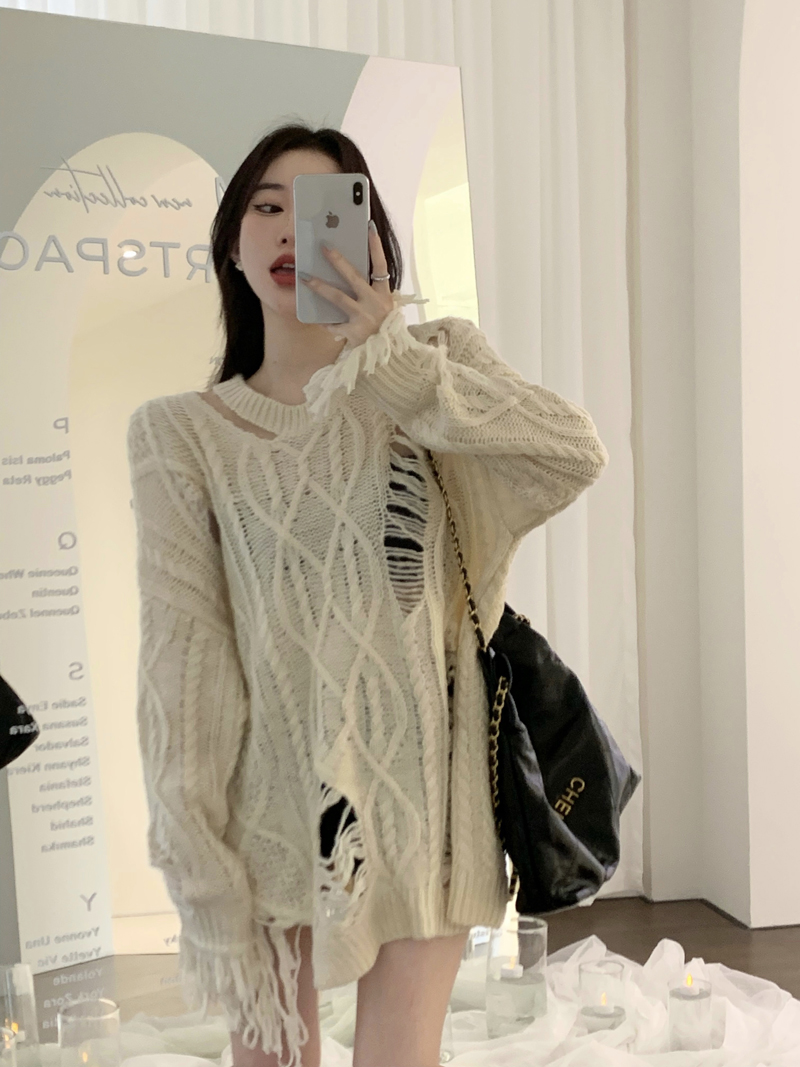 實拍欲系乖妹設計感小眾破洞露肩毛衣女寬鬆針織上衣