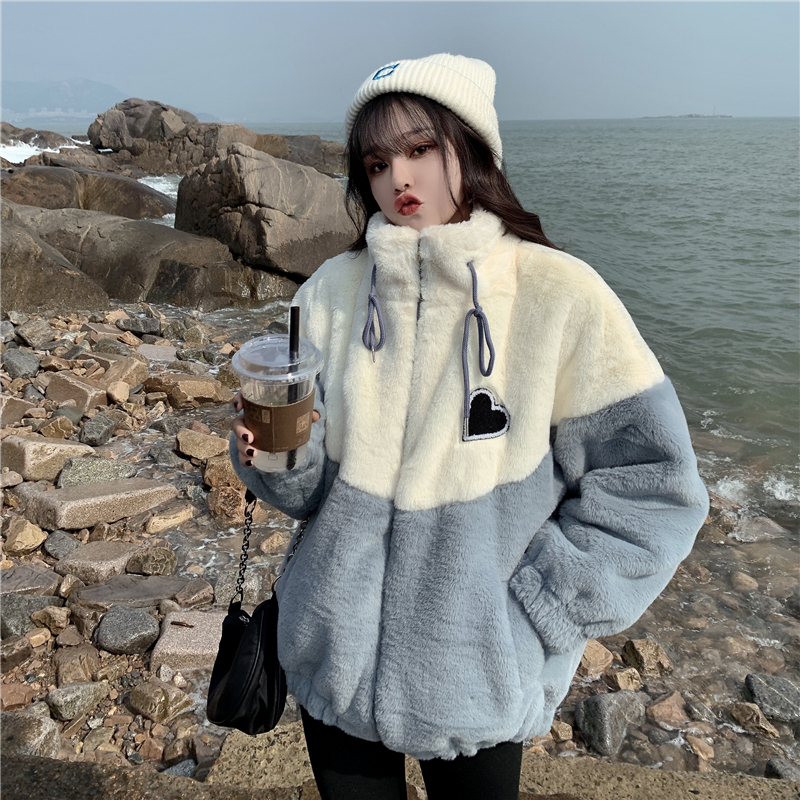 高領愛心羊羔毛外套女秋冬季寬鬆衛衣加厚衛衣復古棒球服潮