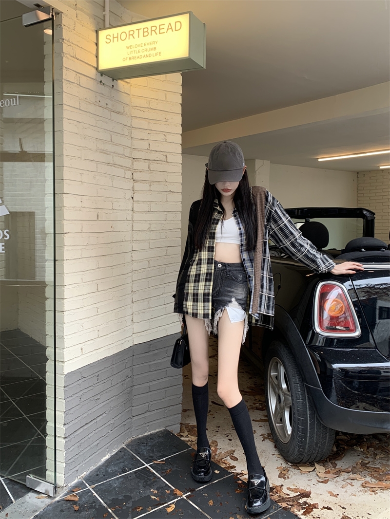 實拍 秋季格子拼接設計polo領復古外套潮小眾寬鬆襯衫女