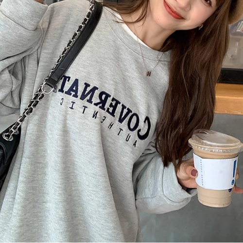 Official picture plus velvet loose casual sweatshirt women's autumn and winter coat vintage round neck long-sleeved bottoming shirt tops Korean women's clothing