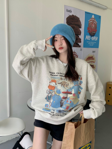 Official picture of autumn and winter American style loose pullover cartoon long-sleeved retro style cute rabbit all over printed right shoulder sweatshirt for women