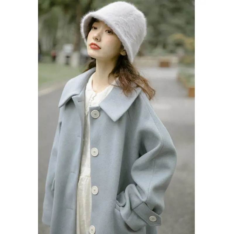 Long thickened woolen coat for women, retro temperament, slim and versatile, Japanese style, sweet, literary, autumn and winter