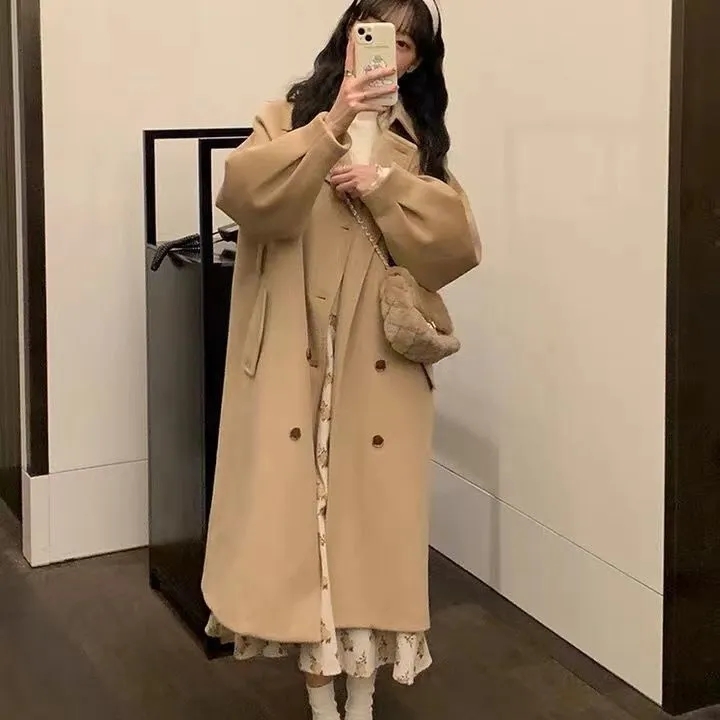 Woolen coat women's mid-length 2023 autumn and winter new college style Korean style small loose thickened woolen coat
