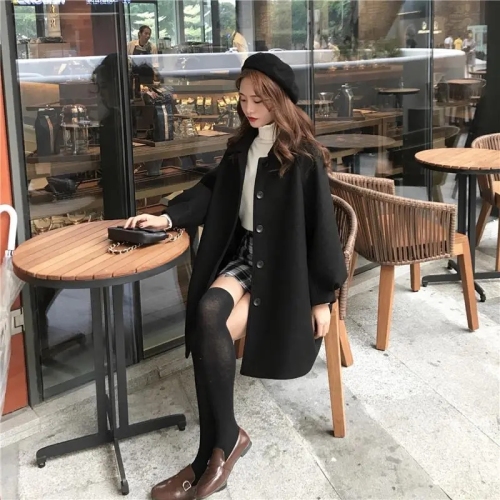 New autumn and winter woolen shirt coat for female students medium and long Korean style loose and versatile woolen coat for small people