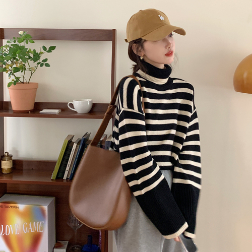 Turtleneck striped sweater autumn and winter  new loose side slit inner sweater long-sleeved top for women