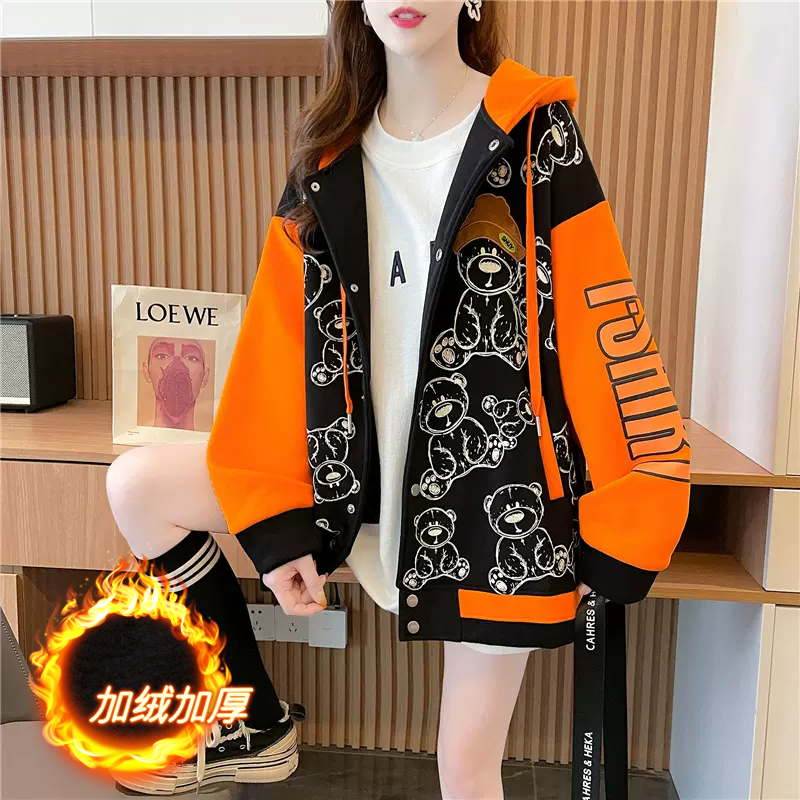 純棉華棉複合銀狐絨 | 後包領 | 韓版連帽棒球服衛衣女
