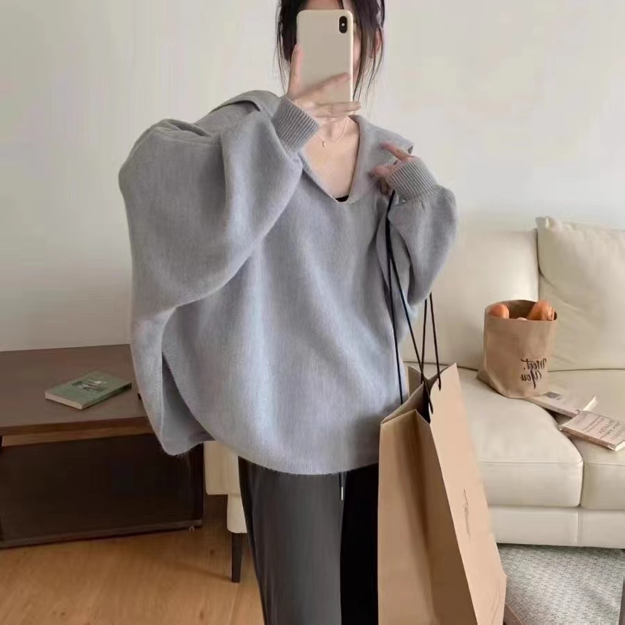 慵懶風毛衣女2023新款韓版領寬鬆純色百搭顯瘦套頭針織衫上衣