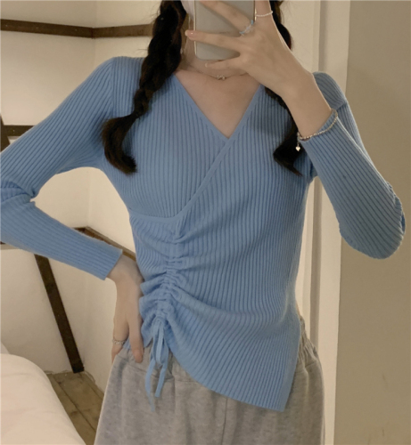 Real shot of core-spun yarn cross knitted sweater for women, fashionable western style button long-sleeved top base sweater