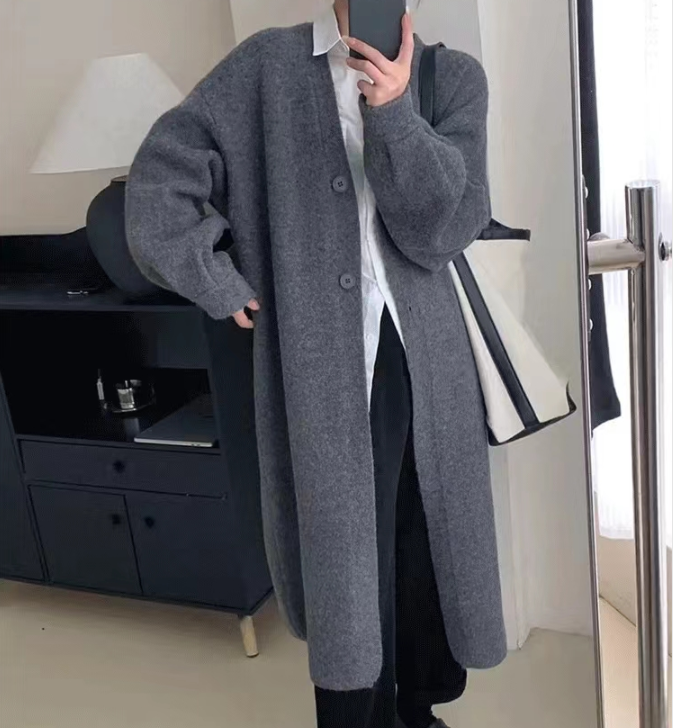 Autumn and winter large size thickened v-neck long single-breasted knitted cardigan loose lazy style sweater jacket for women