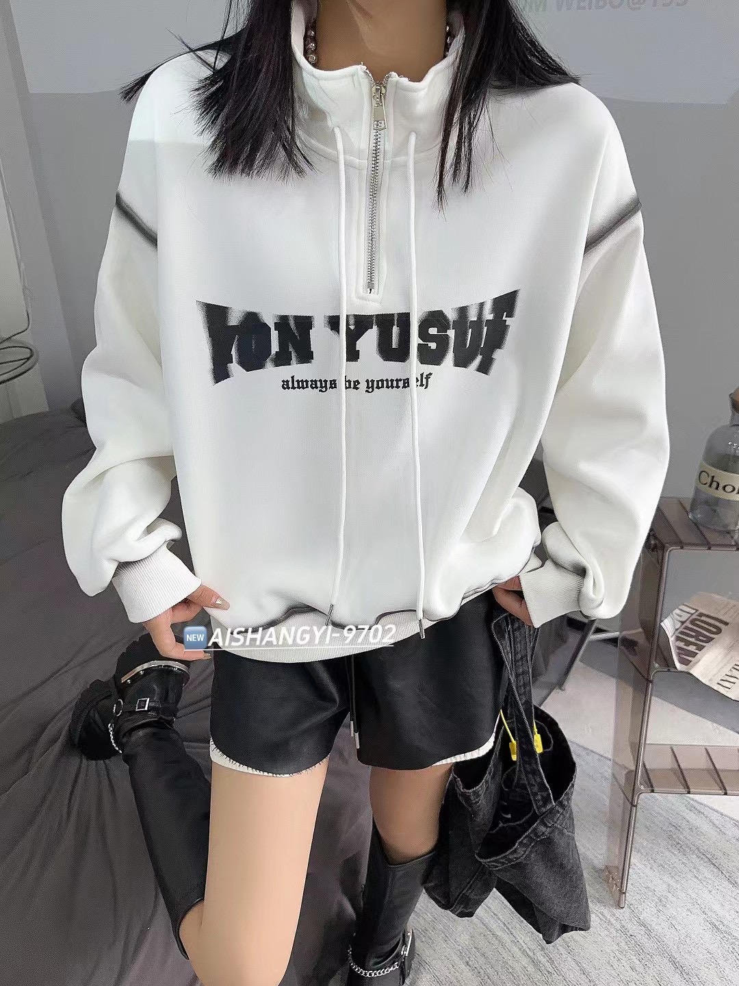 美式半高領拉鏈立領衛衣女2023秋冬寬鬆加絨百搭休閒潮牌上衣