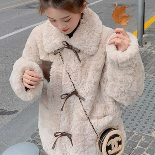 Lamb wool jacket for women, street plush, thickened, casual, versatile, autumn and winter, Korean version, new bow-knot cotton coat, trendy cotton coat